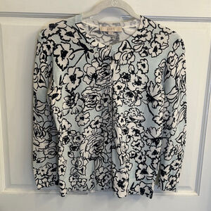 LOFT Black and Light Blue Floral Cardigan Sweater